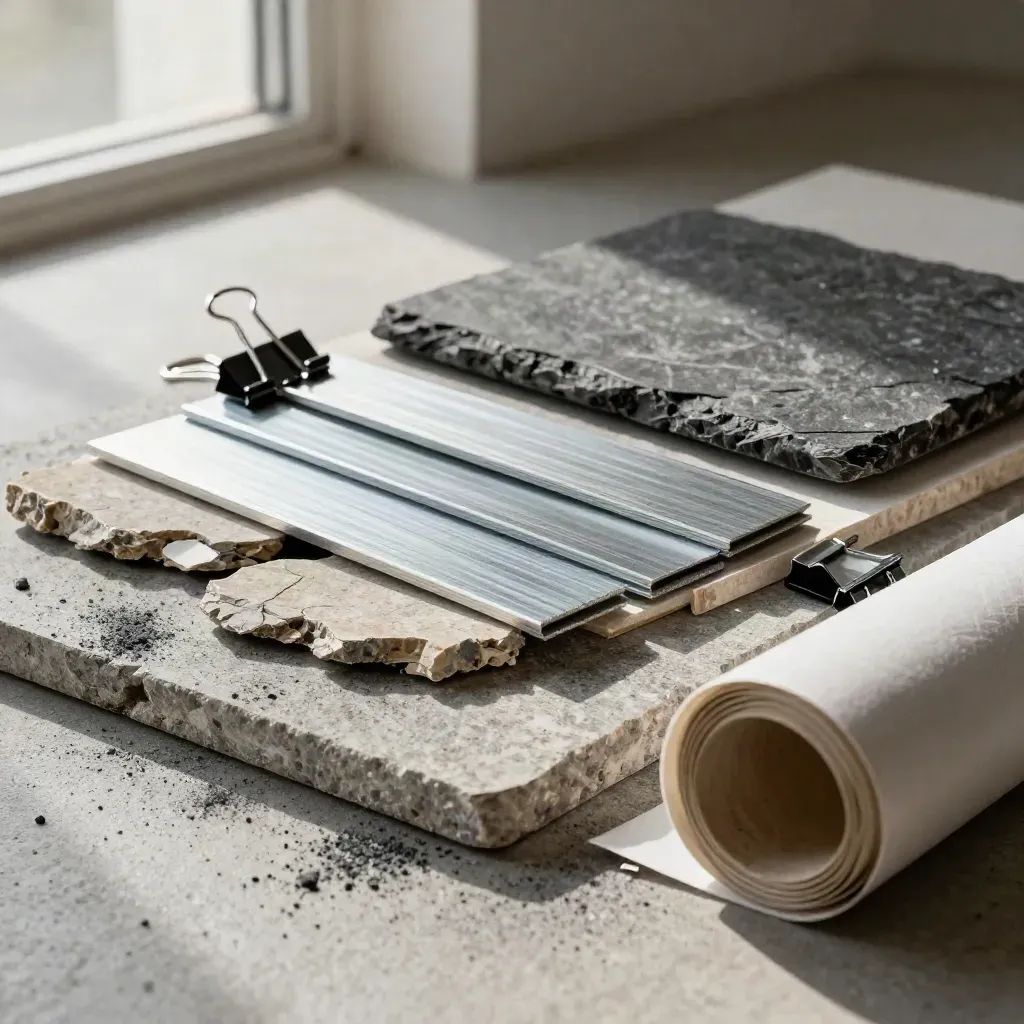 Architectonische materiaalmonsters met steen, tracingpapier en aluminium op grijze beton.
