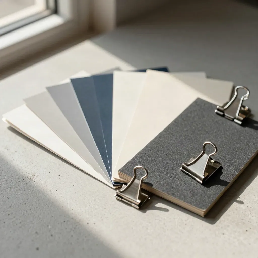 Papieren kleurswatches, grijze foamboard en aluminium clips op een betonnen plaat in zacht daglicht.