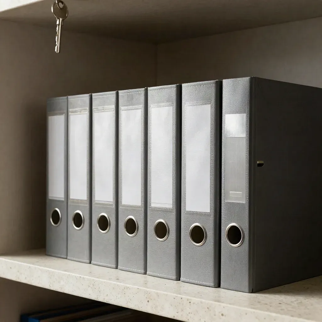 Archiefdozen en maprug op travertin, met hard licht en diepe schaduw.