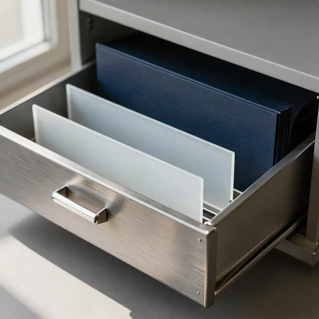 Bovenaanzicht van een metalen hangrail met mappen en dividers op een grijze archieflade.