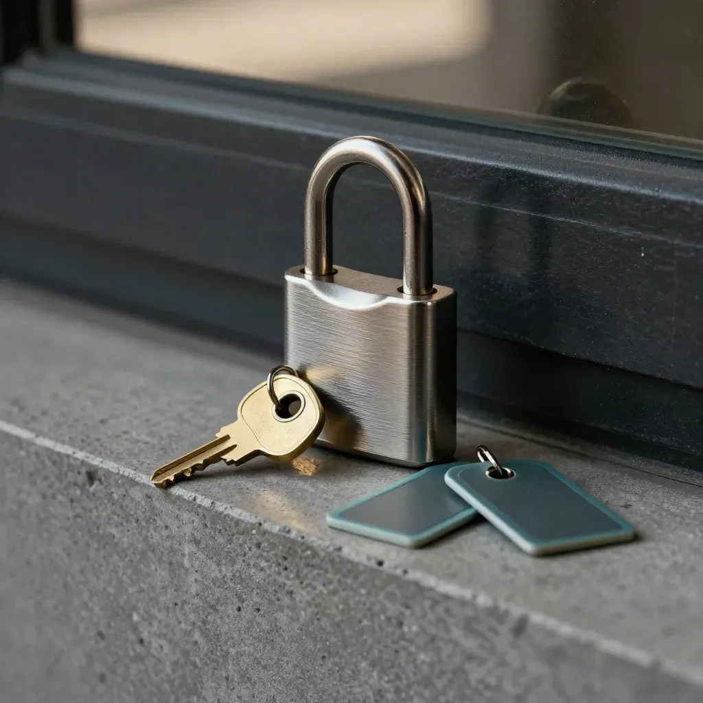 Cabinetlock met sleutel en twee toegangstags op grafietbeton, dramatisch en strak belicht
