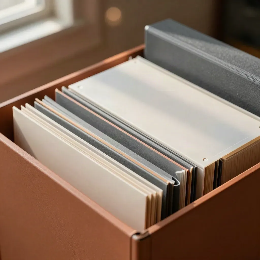 Slate archiefbox met tabdividers, verzegelde hoes en gesloten ordner op terracotta ondergrond.