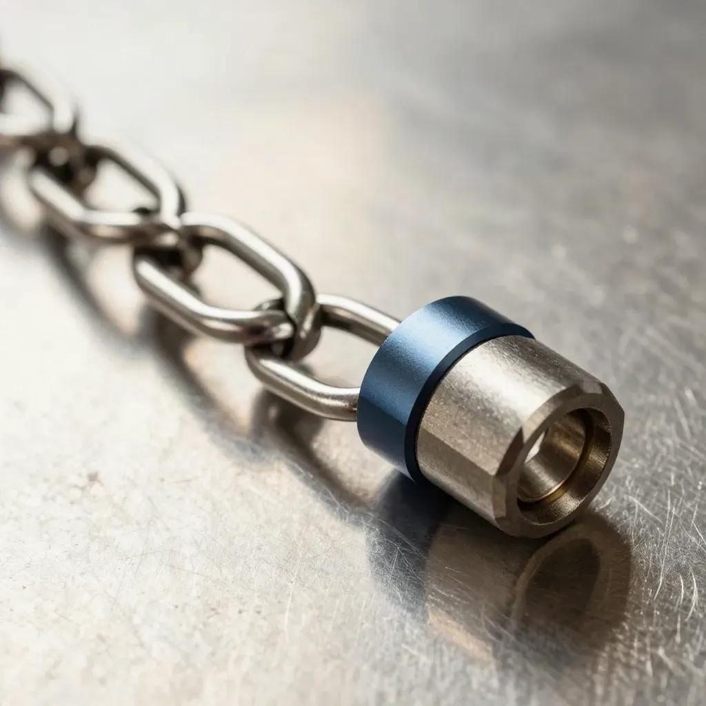 Macro van stalen ringen en een connectorblok op geborsteld staal, met subtiel marineblauw accent.