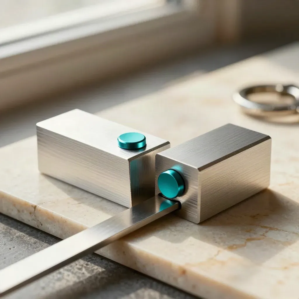 Twee aluminium blokken met dovetail-verbinding en teal pinnen op een lichte kalksteenplaat.