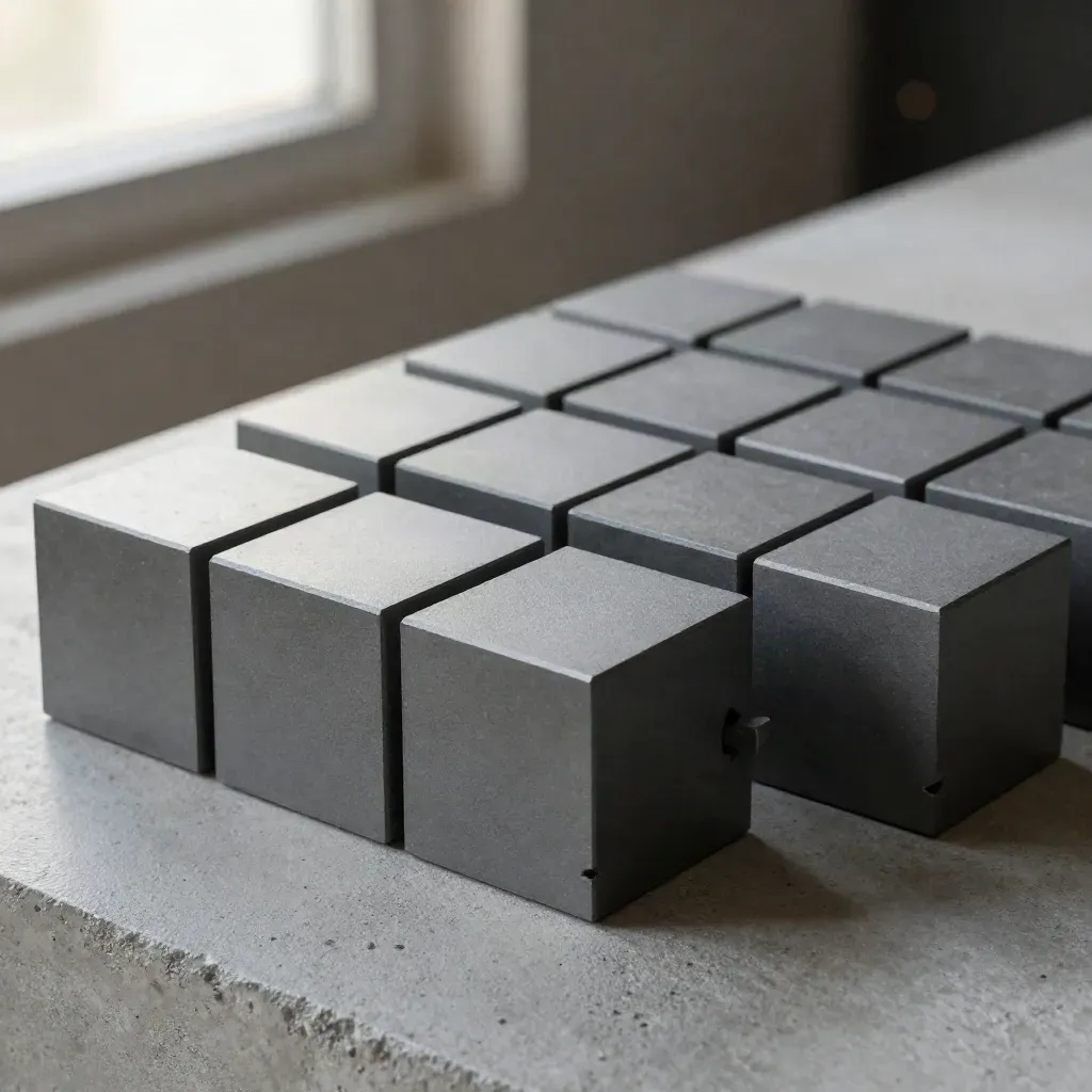 Matte grafietblokken en slotconnectoren in een strak raster op koel beton.